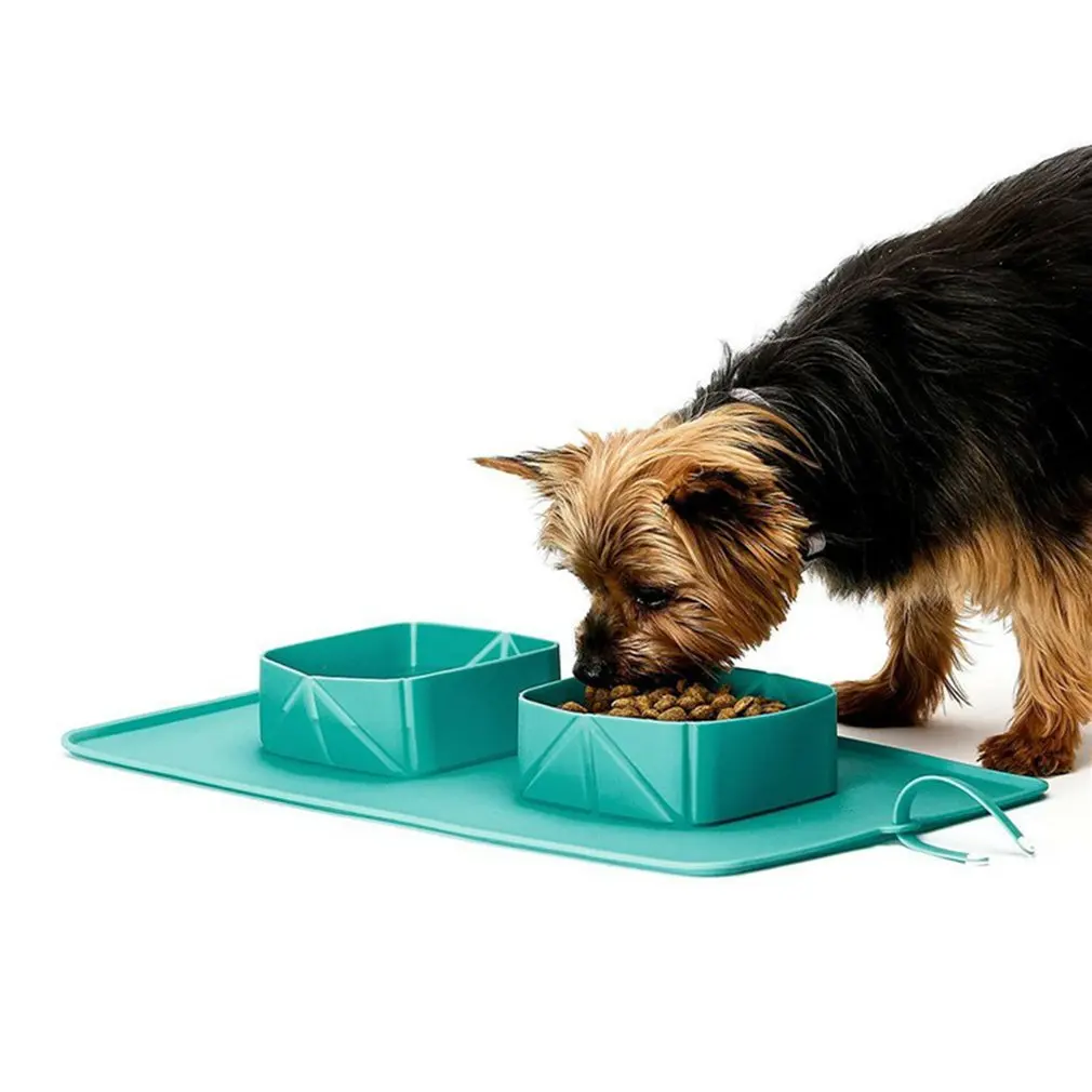 

Creative Pet Folding Double Bowl Silicone Dog Bowl Easy To Carry Pet Storage Bowl Green Cat Bowl Pet Supplies
