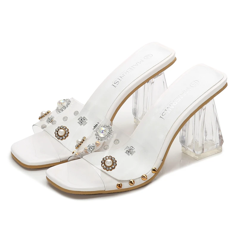 

2021 New PVC Sandals Crystal Open Toed Sexy Square Heels Crystal Women Transparent High Heel Sandals Slippers Pumps DA0070