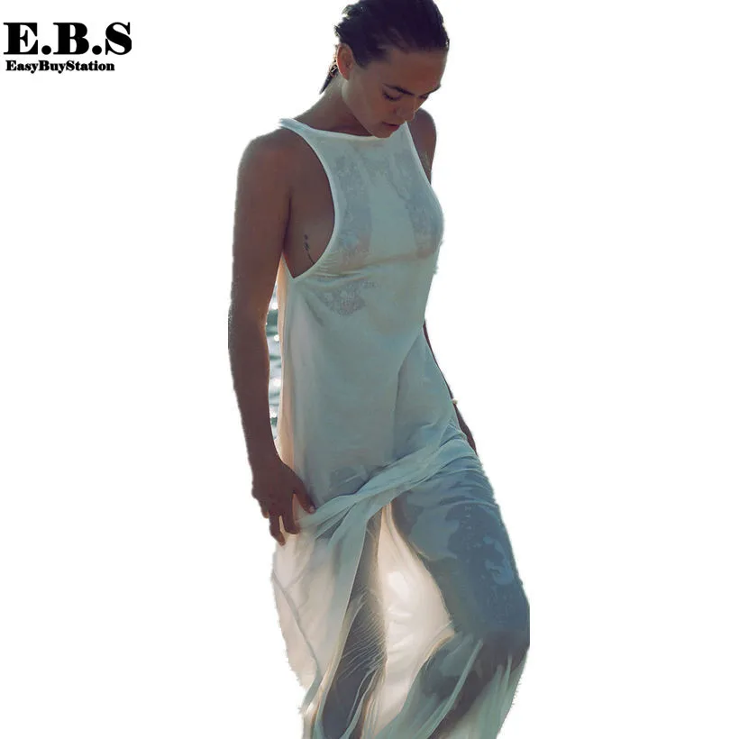 Europe sexy swimsuit cover up women summer beach kaftan beach cover up long dress chiffon white backless maxi dress beachwear