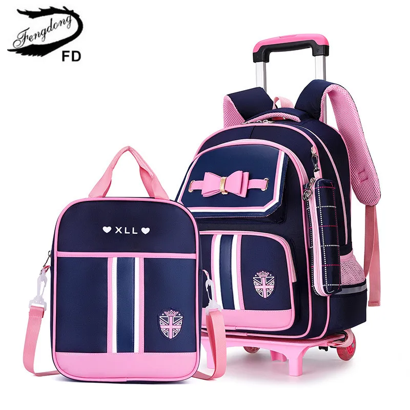 Fengdong Detachable 6 wheels trolley school bag girls rolling backpack children cute pink bowknot schoolbag wheeled backpack set