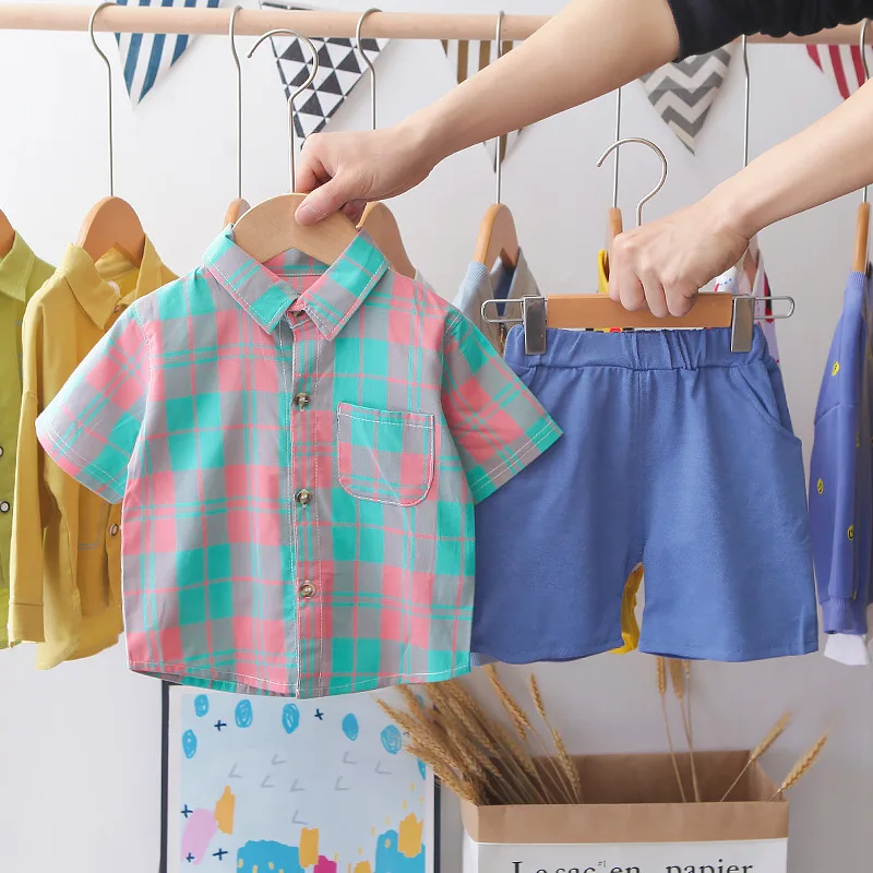 

Рубашка для мальчиков, костюм с короткими рукавами, лето 2020, новый стиль, Детский Повседневный клетчатый комплект из двух предметов, модный ...