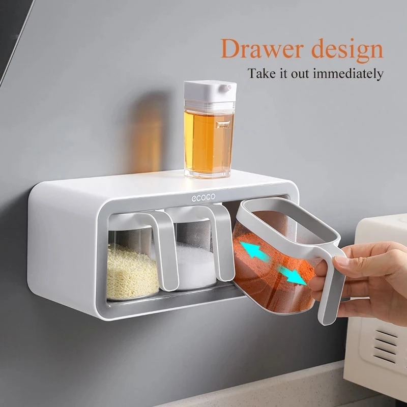 

Wall Mount Spice Rack Organizer Sugar Bowl Salt Shaker Seasoning Container Spice Boxes With Spoons Kitchen Supplies Storage Set