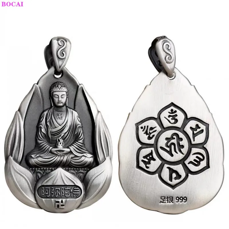 

BOCAI S999 Sterling Silver Pendant Life Guardian Buddha Retro Old Matte Pure Argentum Six Character Truth Amulet For Men Women