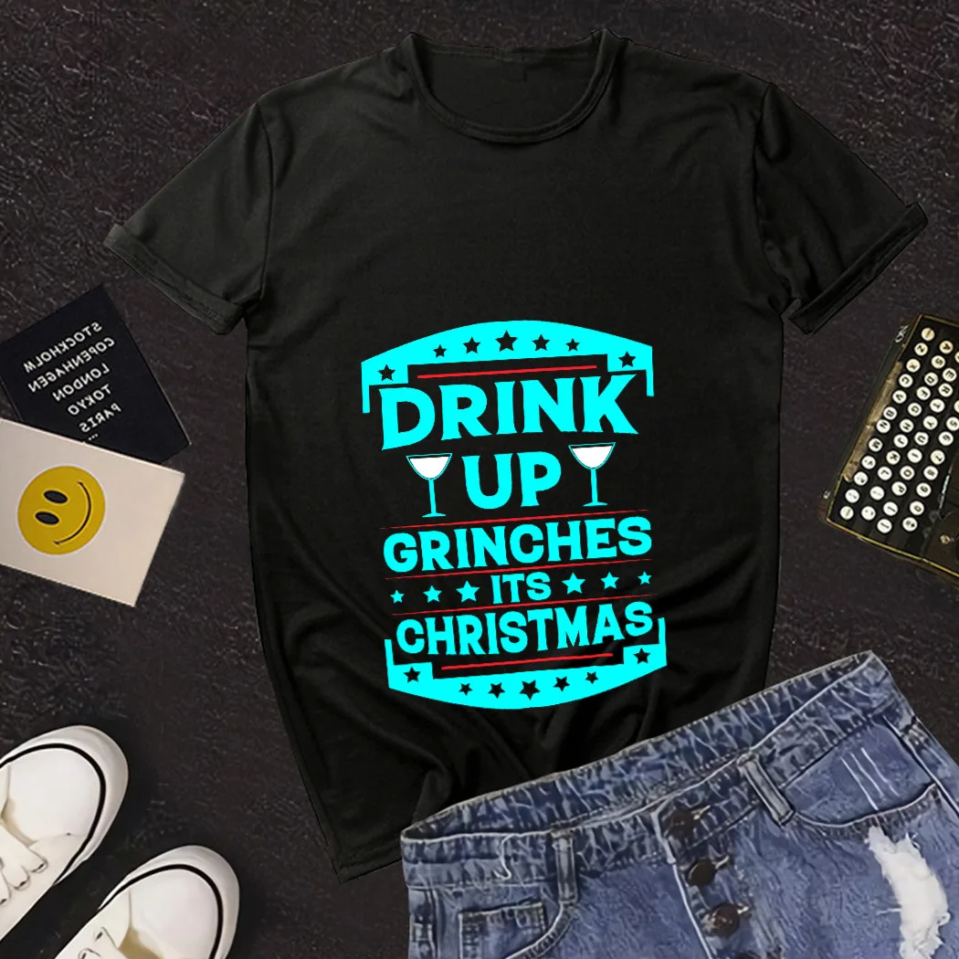 

Christmas Men And Women English Letters Printing Round Neck Loose Short-sleeved Pullover T-shirt Casual Sport O-neck Tops