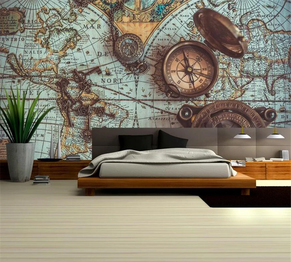 

beibehang Custom wallpaper photo fashion retro world map pocket watch home background wall decoration painting papel de parede