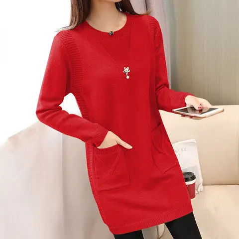 

Sping Winter Women Black Sweaters Casual Solid O-Neck Long Sleeve Knit Sweaters Loose Pockets Mid Length Pullover Female Tops