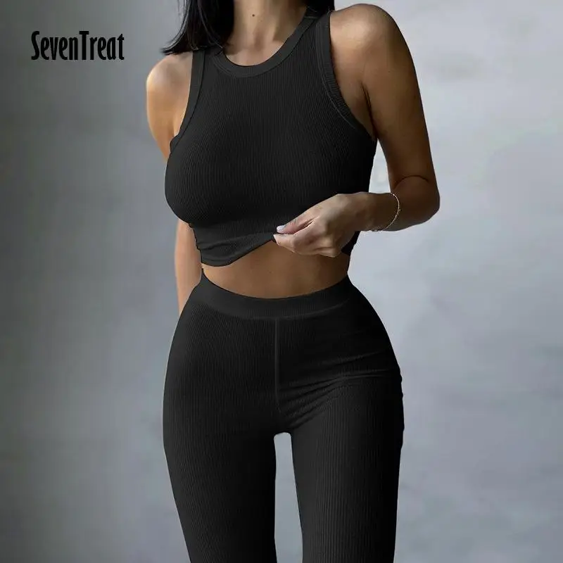 

Solid Women Sets Sleeveless o Neck Crop Top Slim Trouser Suits 2 Piece Set Summer Sportwear Ladies Legging Pants Woman Clothes