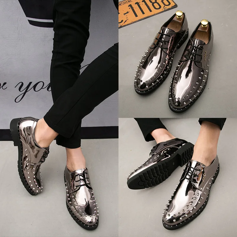 Туфли мужские из лакированной кожи европейские блестящие с заклепками Мокасины