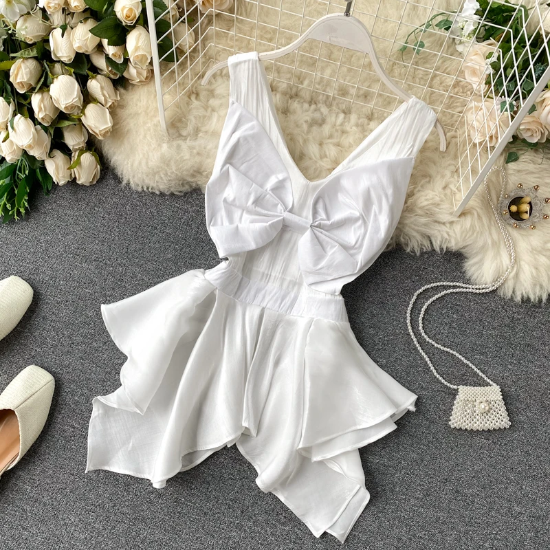 

Women Sexy Top Summer Wear New Sweet Big Bow V-neck Irregular Lotus Leaf Swing Sleeveless Vest Shirt Blouse Blusas Nancylim