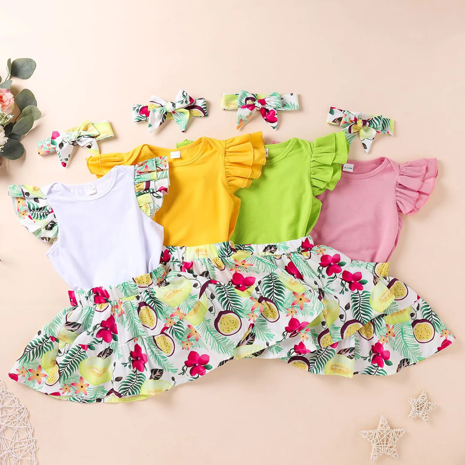 

Newborn Infant Baby Girls Fly Sleeve Romper Floral Skirt Hairband Outfits Sets Baby Girl Clothes ropa niÃ±a meisjes kleding