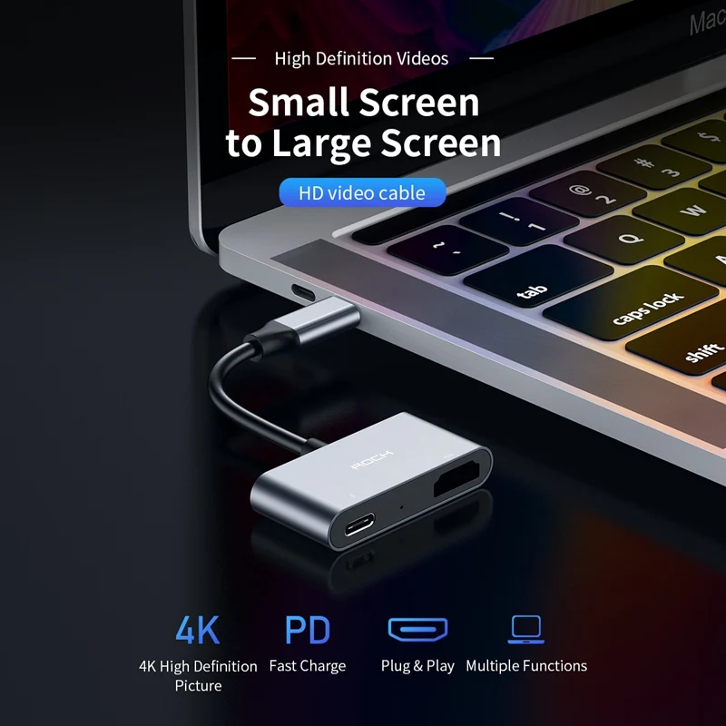 Адаптер ROCK USB C к HDMI концентратор Type PD Кабель-адаптер для быстрой зарядки MacBook USBC Hub