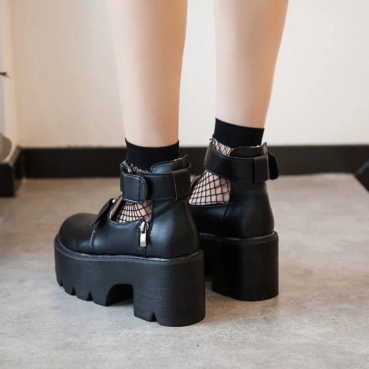 

Lolita Gothic Round Head Mary Jane Shoes Japanese College Girl JK Uniform PU Leatehr Platform Strap Waterproof Black Shoes