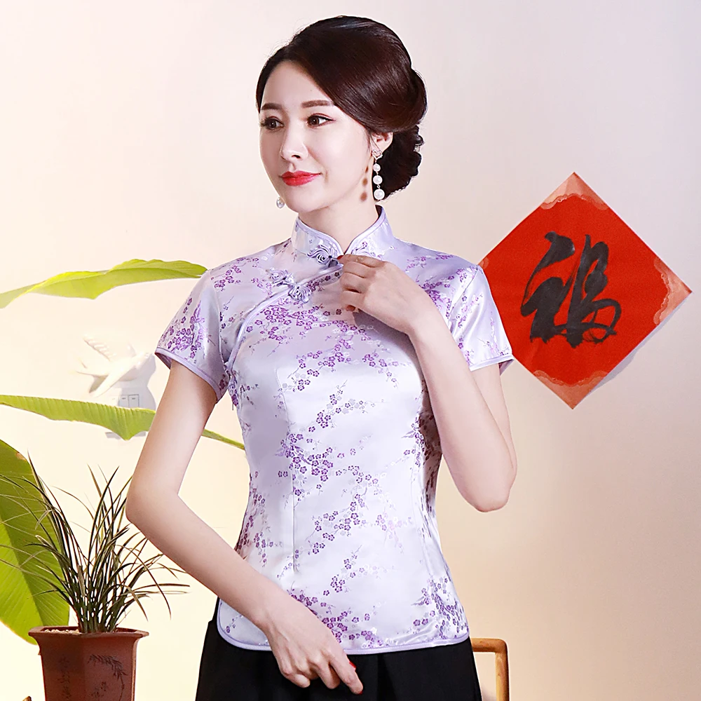 

Mandarin Collar Chinese Style Clothing Women Plus Size 3XL 4XL Shirt Vintage Button Classic Tops Short Sleeve Flower Blouse