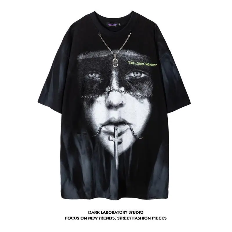 

Designer European retro style short-sleeved t-shirt tie-dye couple outfit large size hip-hop with necklace summer short-sleeved