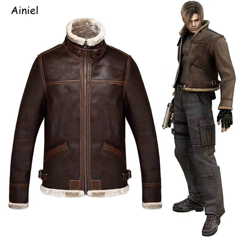 Leon Scott Kennedy/костюмы для косплея, куртки, плотное пальто, кожаный бархатный зимний топ для мальчиков, пальто из искусственной кожи, мужской костюм для взрослых