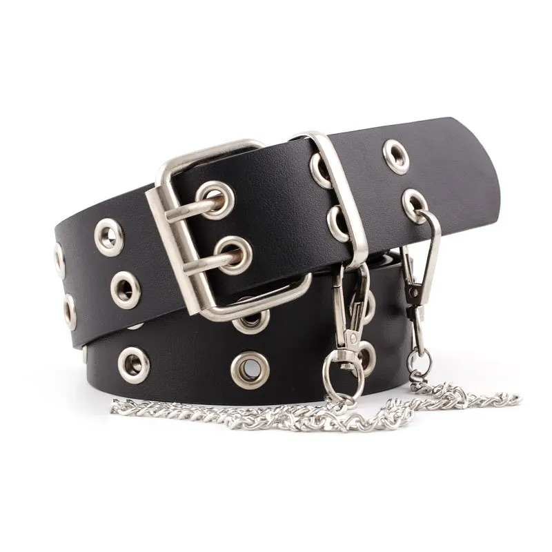 New Fashion Women's Double Row Hole Chain Terms Punk Style PU Material Men's Belt