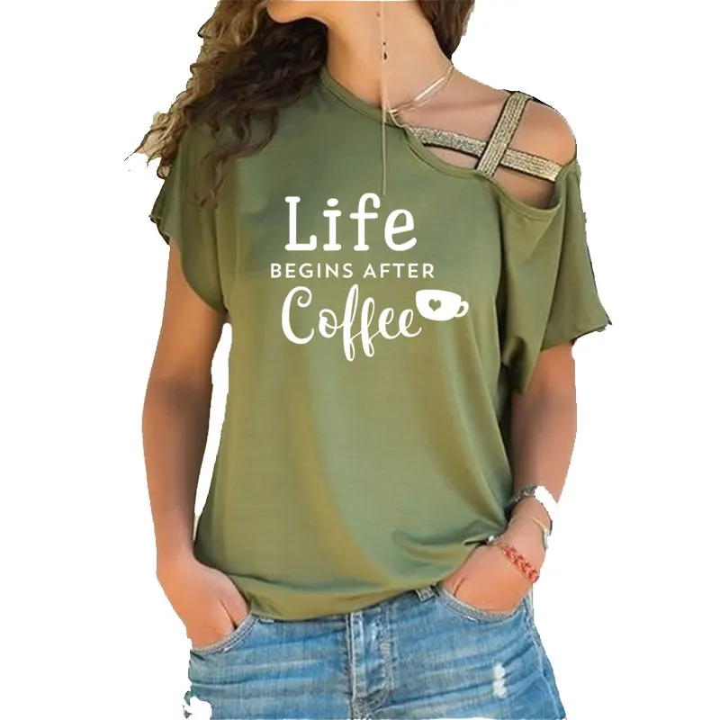 

Life Begins After Coffee Women tshirt Cotton Casual Funny t shirt Irregular Skew Cross Bandage Tops