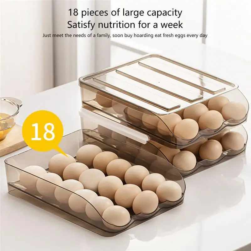 

Egg Storage Box with Lid Refrigerator 1/2/3 Layer Stackable Auto Scrolling Egg Storage Tray for Fridge Kitchen Countertop