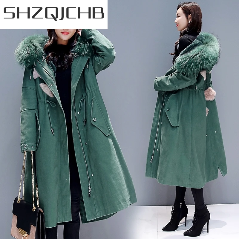 

JCGB 2021 Fashion Winter Jacket Women Clothes Korean Padded Warm Long Coat + Large Fur Hooded Print Ladies Coat Hiver TF81150