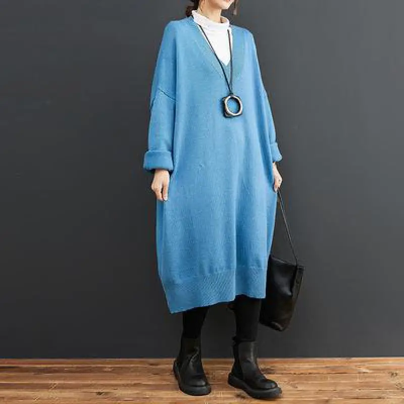 2022 Autumn Winter New Simple Solid Color Loose Hedging V-neck Sweater Dress Casual Slim Elastic Women Dress Tide Free Shipping
