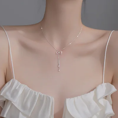 

Bow Necklace Women's Luxury Niche Design Necklace 2021 New Stylish Tassel Clavicle Chain Ins Simple Neck Chain Valentine's Day
