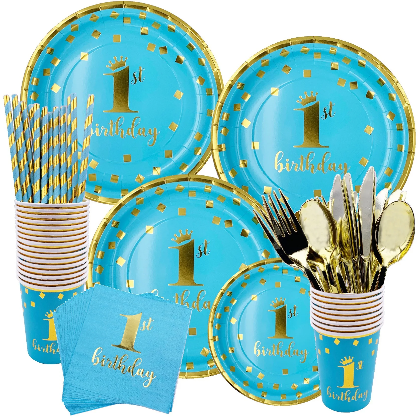 

64 шт./компл. синяя штампованная одноразовая посуда тарелка на 1-й День рождения Baby Shower вечеринка Декор дети мальчик на первый день Рождения В...