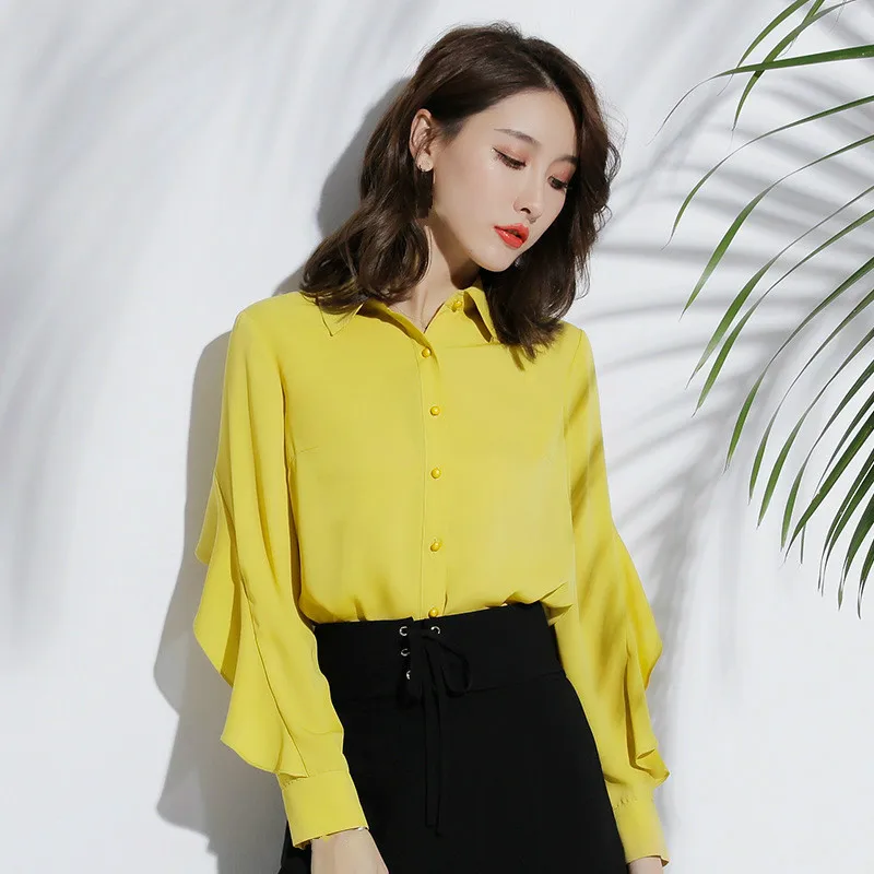 Женская шифоновая желтая блузка Весенняя женская OL с длинным рукавом топ