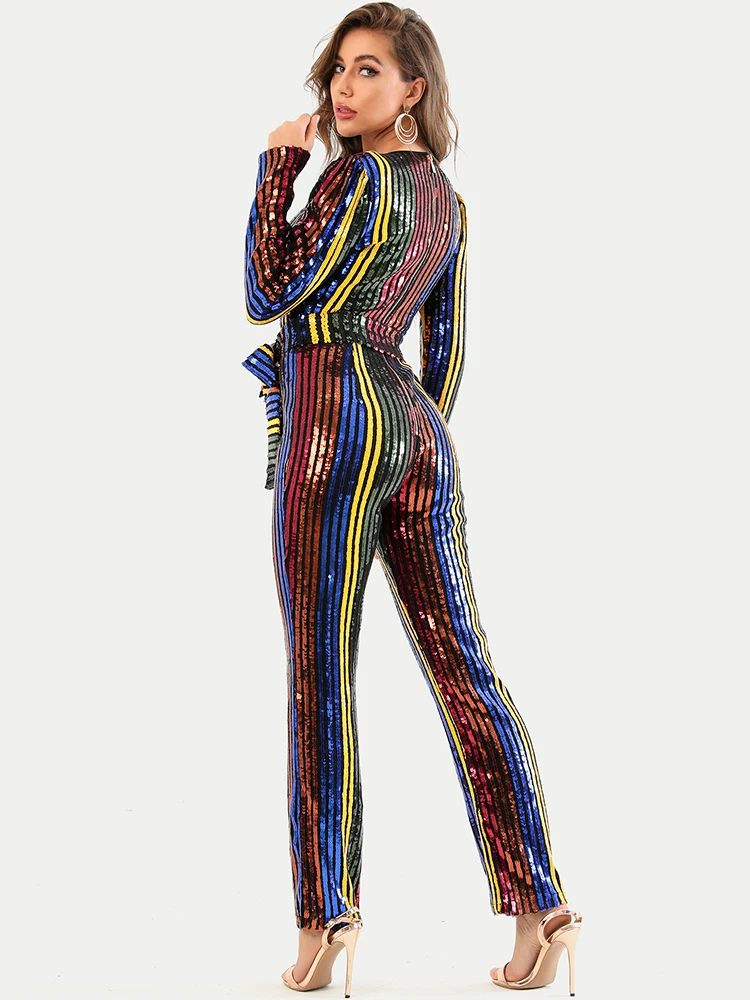 Ailigou 2021 New Fashion Multicolor Striped Sequins Sexy V-neck Long Sleeve Belt Design Celebrity Party Jumpsuit