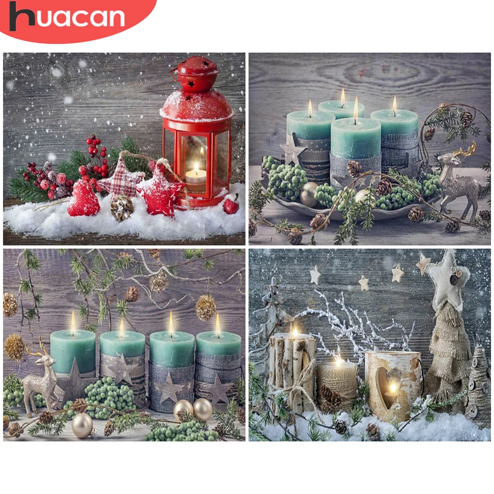 

HUACAN Diamond Painting Christmas Rhinestone Picture Cross Stitch Light 5D DIY Diamond Embroidery Candle Home Decoration