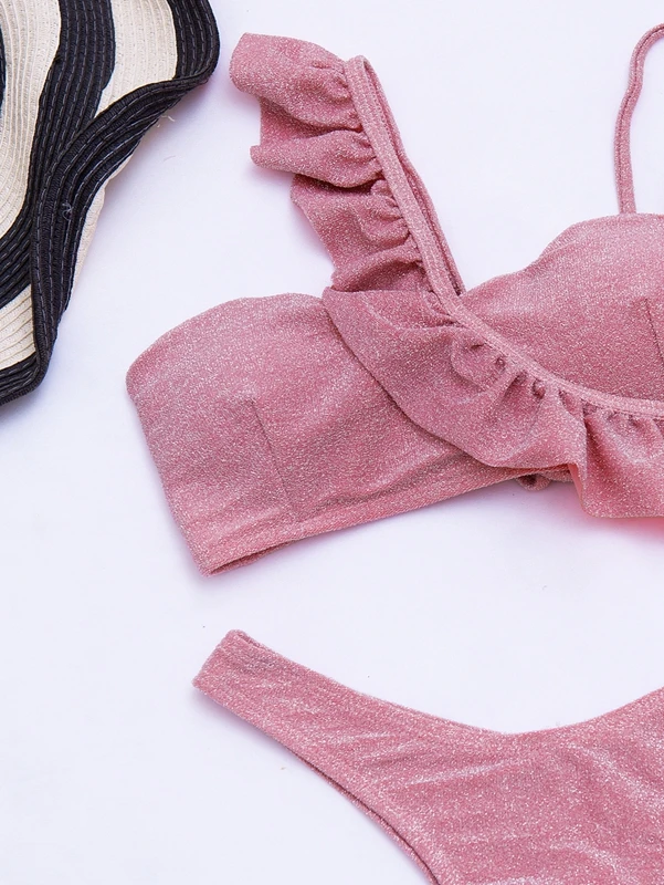 

Glitter Sparkling Ruffles Strap Bikini Set Female Women Swimwear Two-pieces Swimsuit Separate Bathing Suit Brazilian Biquini