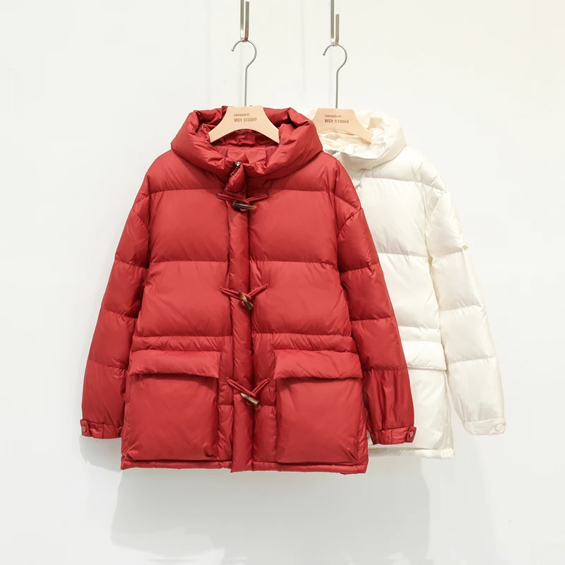 Женский пуховик на 90% белом утином пуху теплая свободная парка молнии с капюшоном