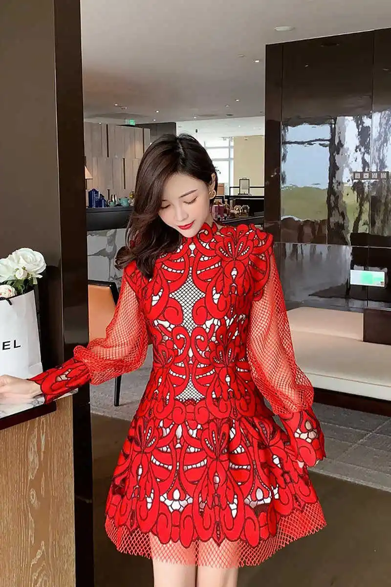 

Spring Party Autumn Vintage Mini Dress Runway A-Line Embroidery Lace Dresses Women Long Sleeve Elegant 2021 Boho Luxur