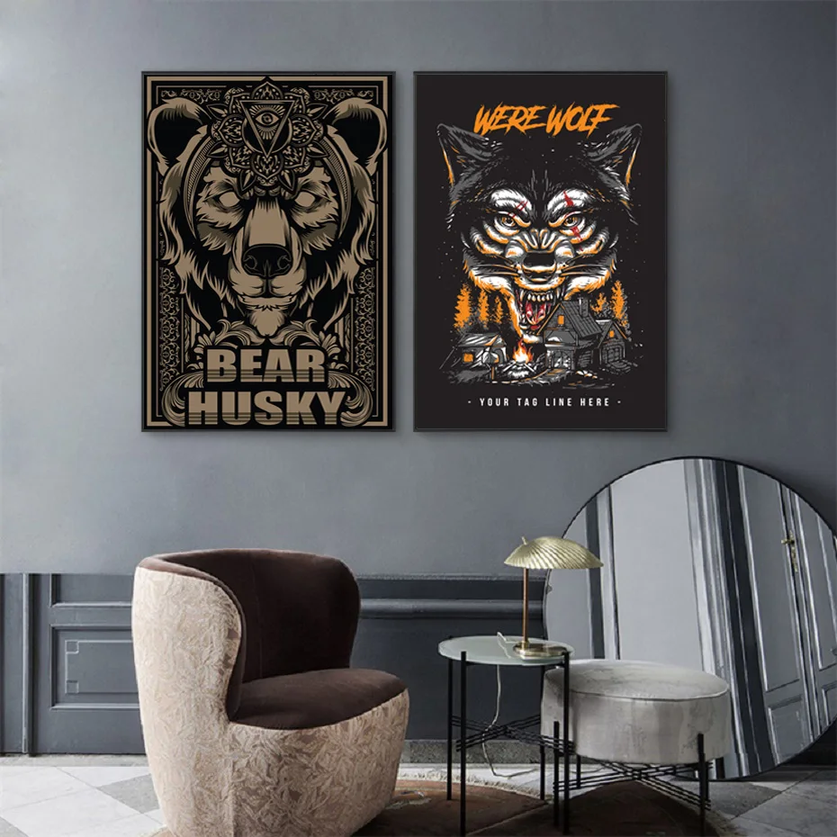 

Black and White Fierce Animal Pattern Border Printing Decorative Painting Poster Wall Art Bar Study Artist Home Decoration