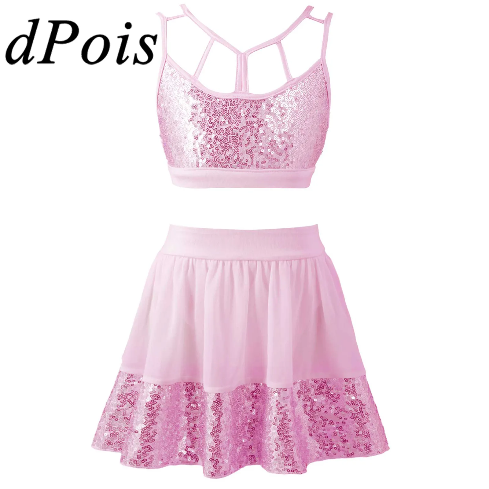 

Children Dancewear Girls Stylish Dance Clothes Set Sequins Crop Top + Skirt Lyrical Dancing Costume Kids Ballet Gymnastic Outfit