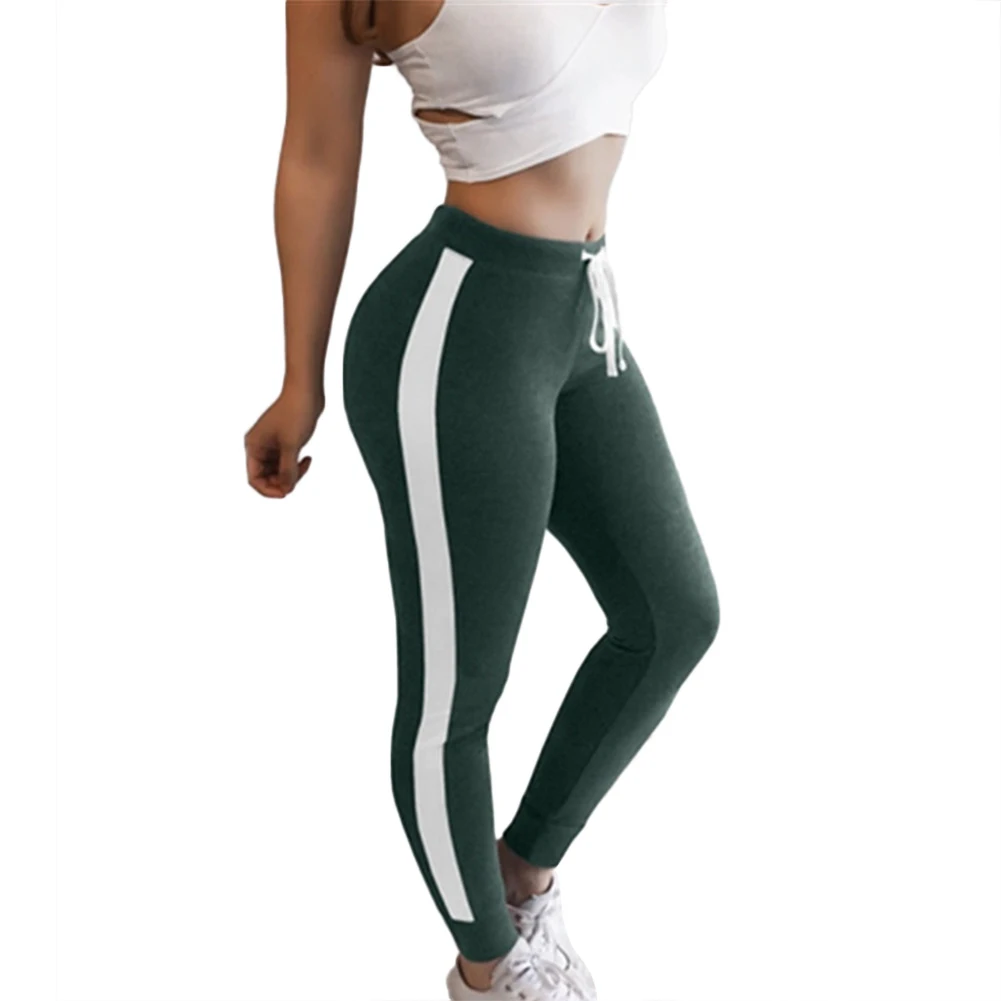 

2020 New Sporty Women Drawstring Side Stripe Cotton Running Elastic Skinny Pants High Waist Legging Breathable Slim Pants