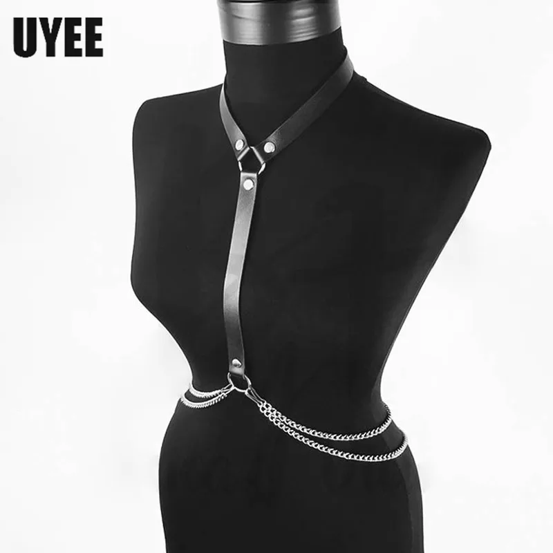 UYEE Sexy PU Leather Women Harness Body Chain Chest Lingerie Belt Pastel Goth Suspender Neck Waist Bondage Underwear Garter Belt