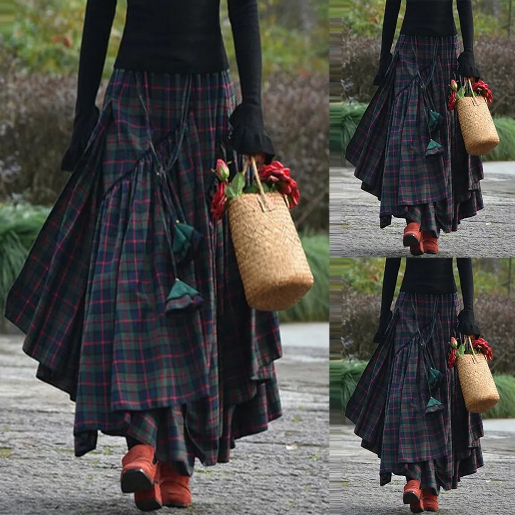 Fashion Women Loose Plaid Print Fringe Irregular Waiste Skirt Skirts Womens Asymmetrical long skirts womens maxi skirt