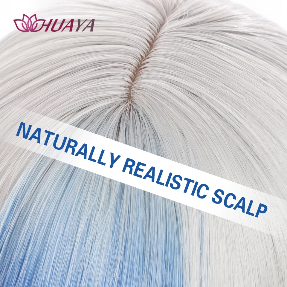 

HUAYA Long Straight Halloween Cosplay Wig With Bangs Gray Ombre Blue Synthetic Hair Wigs for Woman Cute Girl Lolita Wig