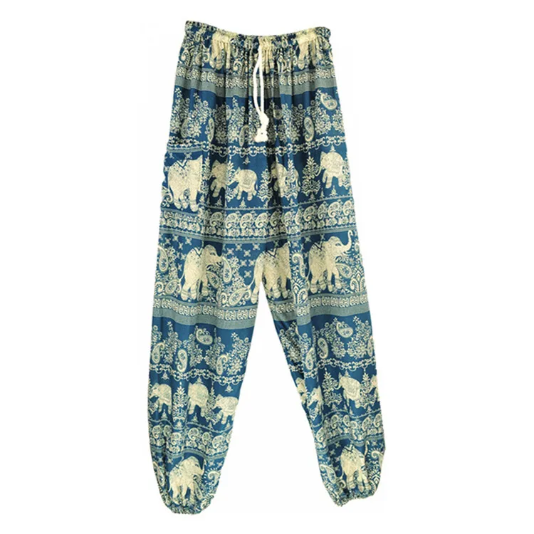 

JIGERJOGER Rayon Cotton Strappy Teal Blue elephant Harem Pants pocket stretchy waistband loose yoga leggings free drop shipping