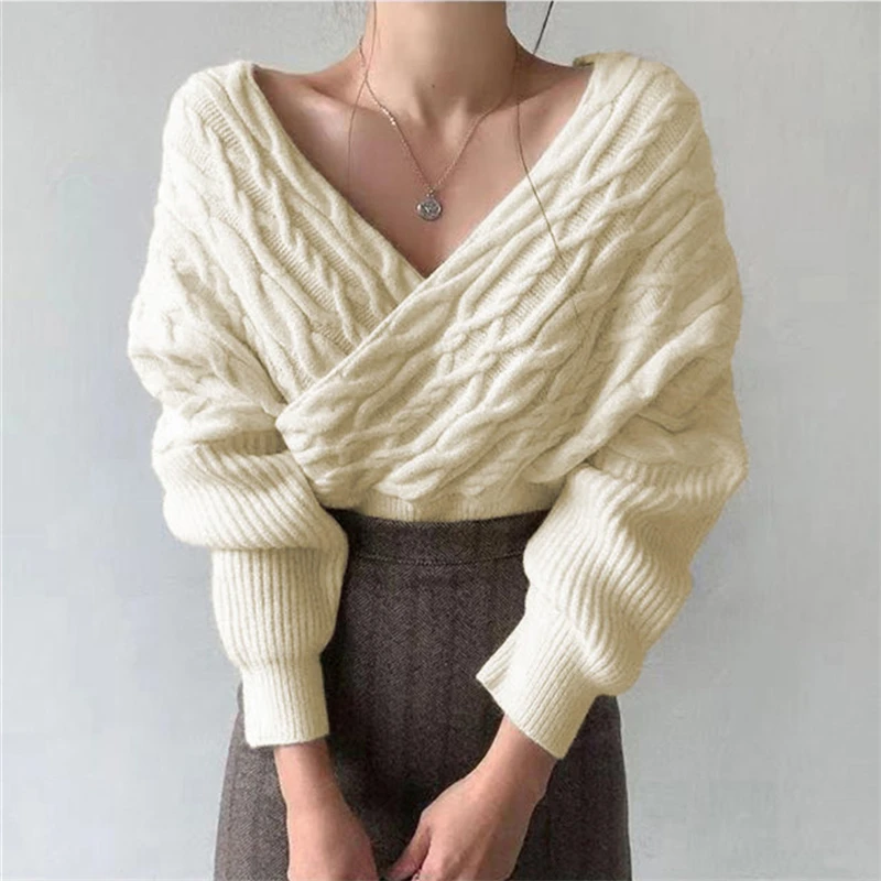 

Retro Large Deep V-neck Autumn Winter Women's Wear Plain Sweater Knitted Twist Shape Streetwear Female Sexy Bishop Sleeve