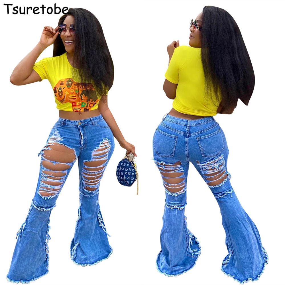 

Сексуальные женские рваные джинсы Tsuretobe с вырезами, винтажные джинсы с широкими штанинами и высокой талией