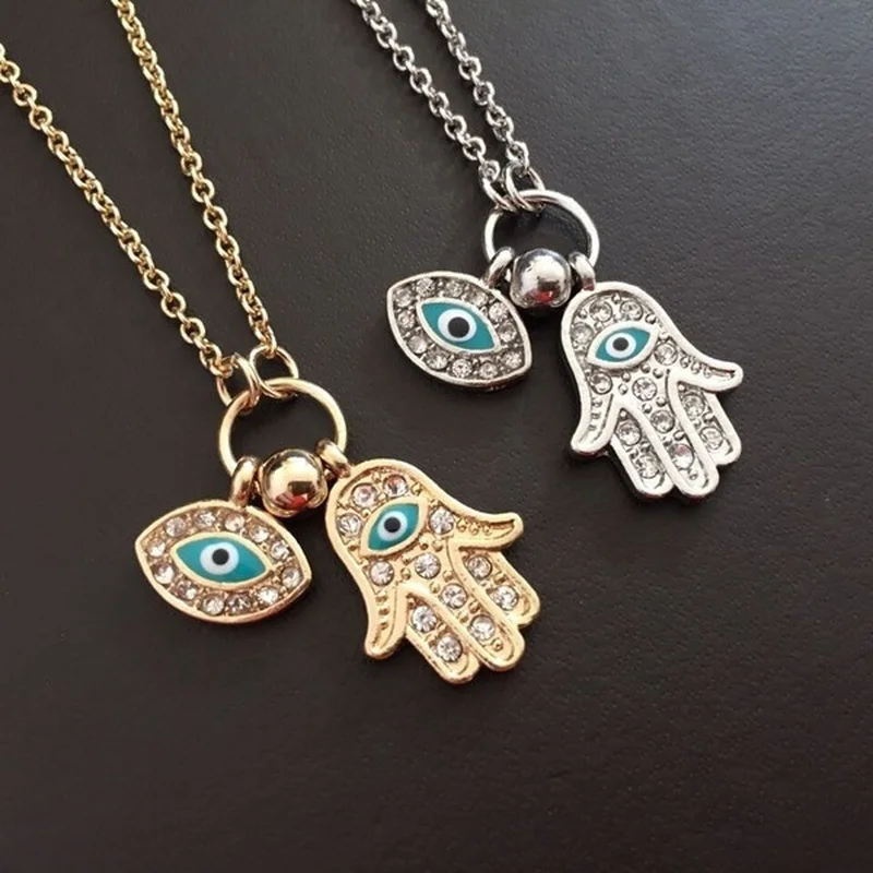 

Hamsa Lucky Fatima Hand and Evil Eye Pendant Necklace Blue Eye Necklace