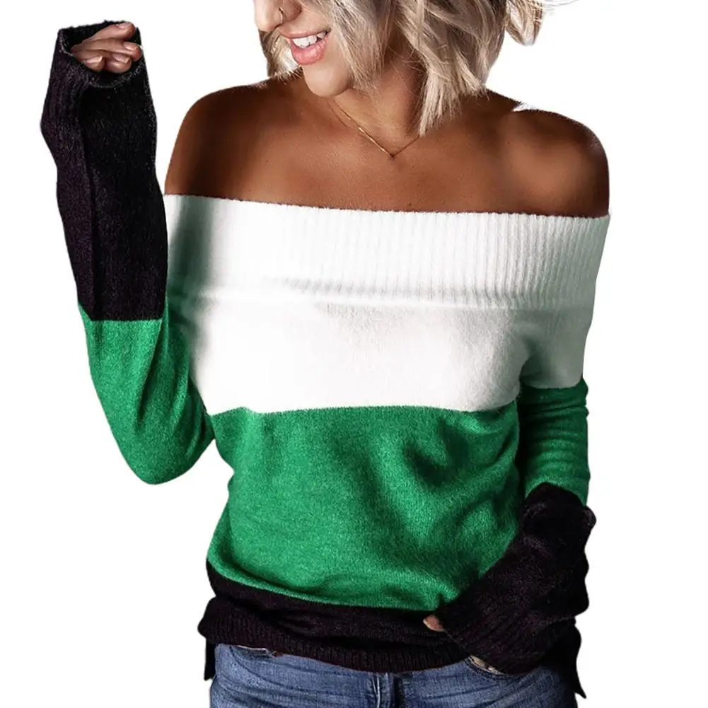 

Women Sweaters Autumn Winter Off Shoulder Patchwork Long Sleeve Pullover Knitted Sweater Cotton Blends Women's Clothing