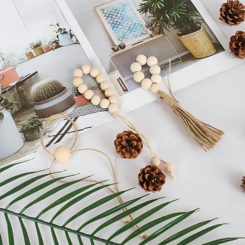 

4PCS Wood Bead Garland With Tassels Wood Beads for Crafts Farmhouse Country Wall Decor Farmhouse Woven Wall Hanging Ornament