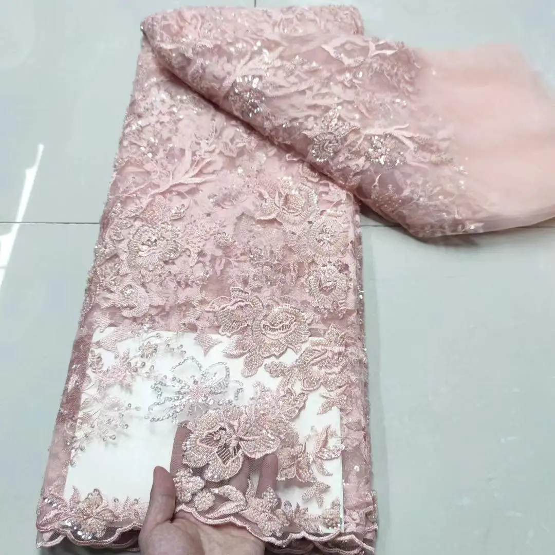(5 yardas/pc) de alta calidad de color nude Red de encaje francoafricano tubo cuentas tul bordado tela de encaje para el vestido de boda FYY038-1