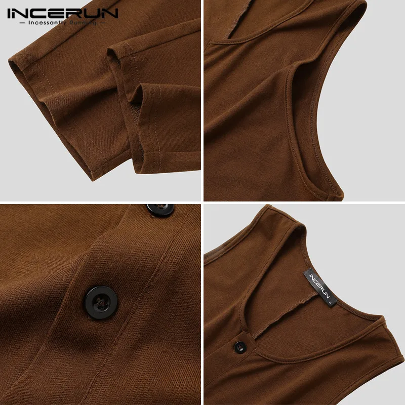 

Men Pajamas Jumpsuits Homewear Sleeveless Button Leisure Overalls Sleepwear Fitness Cozy Solid Mens Rompers Nightwear INCERUN