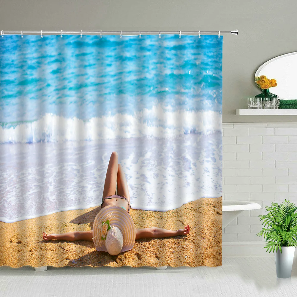 

Sexy Girl Beach Ocean Palm Tree Landscape Shower Curtains 3D Printed Waterproof Bath Curtain Home Bathroom Decor Cloth With Hook