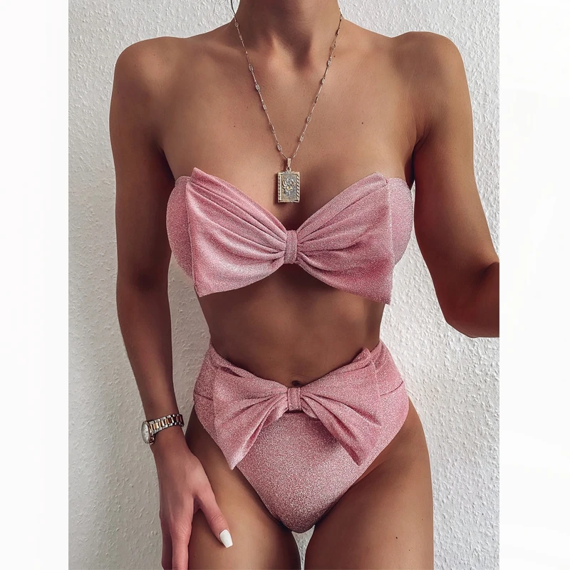 Бикини пуш ап женское без бретелек пикантный светло розовый купальный костюм с