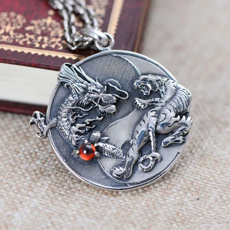 S925 Silver Handmade Dragon Tiger Pendant Necklace 925 Sterling Fengshui Taichi Yinyang Pendant Necklace Good Luck Amulet