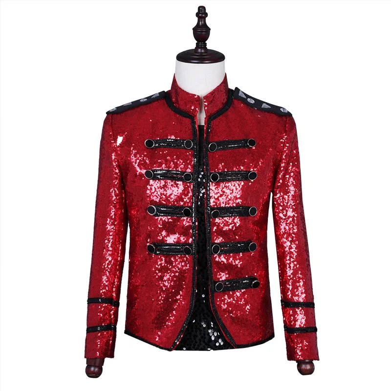 

Мужской красный блестящий приталенный костюм, Блейзер, куртка, модные костюмы для сцены, панк, звезда, певец, танцевальная одежда